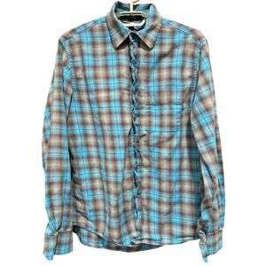 Gap Fitted Shirt Button Up Mens Size S Blue Brown Plaid Long Sleeve Cotton FLAW